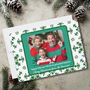 Funny Family Photo with Joy & Green Pattern Holiday Card