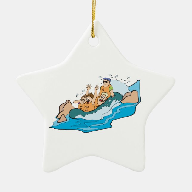 funny family whitewater rafting cartoon ceramic tree decoration (Front)
