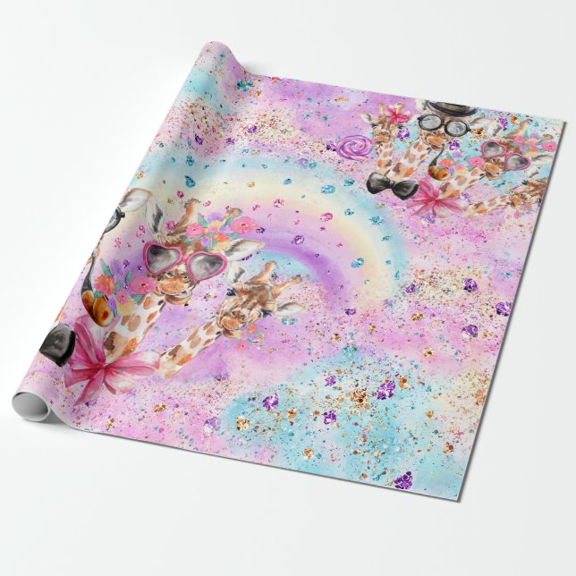 Funny Fantasy Giraffes in the Cotton Candy Clouds Wrapping Paper (Unrolled)