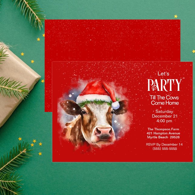 Funny Farm Cow Santa Hat Red Christmas Party Invitation (Creator Uploaded)