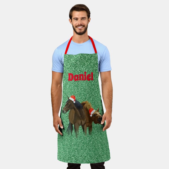 Funny Farm horses with Christmas hat Custom Name Apron (Worn)