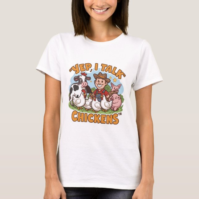 Funny Farmer Talking to Chickens T-shirt Design (Front)