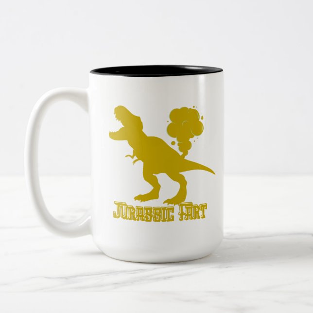 Funny farting dinosaur Two-Tone coffee mug (Left)
