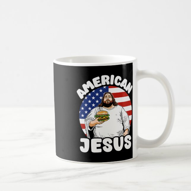 Funny Fat American Jesus Hamburger Sarcastic 4th O Coffee Mug (Right)