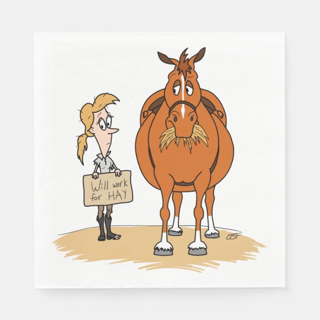 Funny Fat Cartoon Horse Woman Will Work For Hay Napkin (Front)
