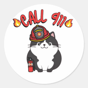 Funny Fat cat is a firefighter  Classic Round Sticker