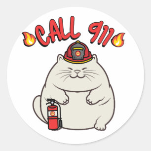 Funny Fat cat is a firefighter  Classic Round Sticker