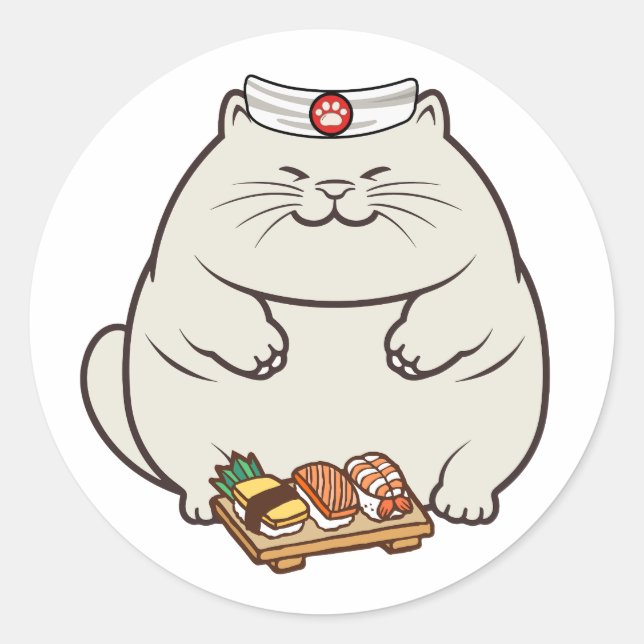 Funny fat cat is a sushi chef classic round sticker (Front)