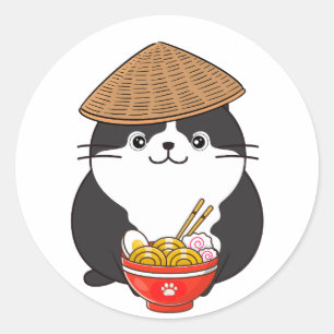 Funny fat cat is eating noodles classic round sticker