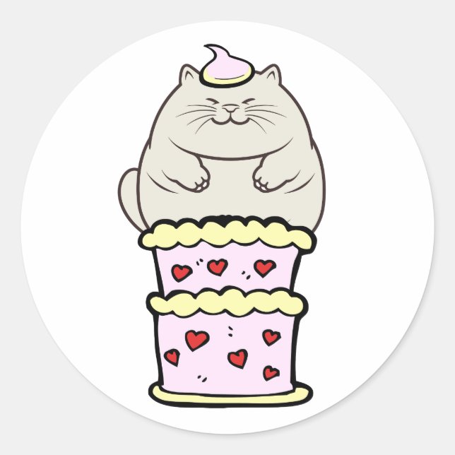 Funny fat cat jumping out of a cake classic round sticker (Front)