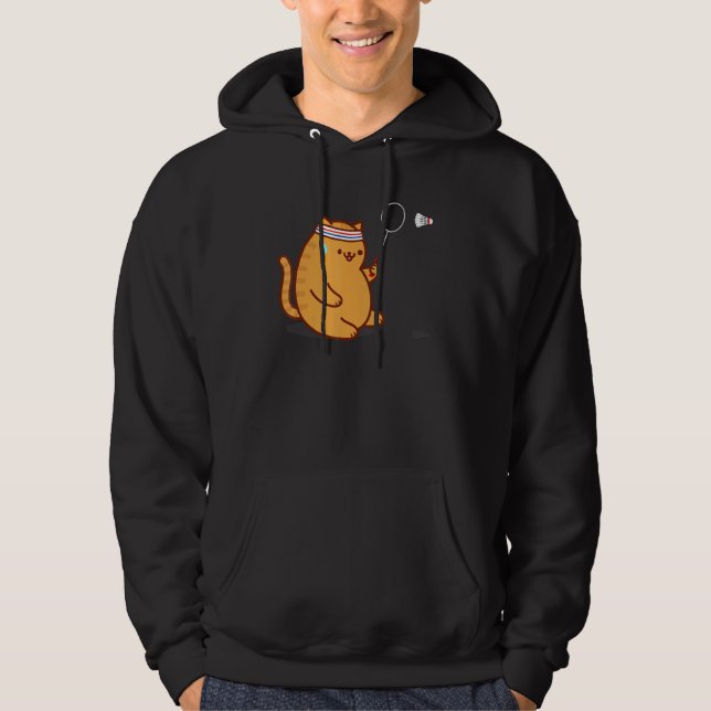 Funny Fat Cat Playing Badminton Hoodie (Front)