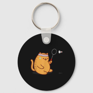 Funny Fat Cat Playing Badminton Key Ring