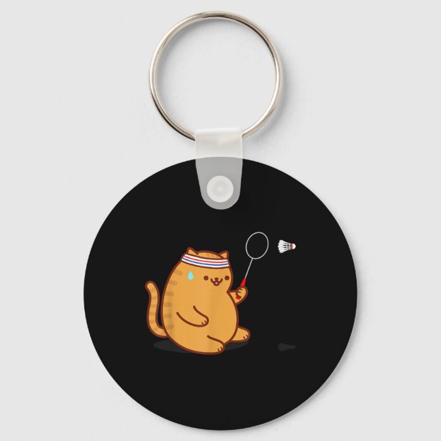 Funny Fat Cat Playing Badminton  Key Ring (Front)