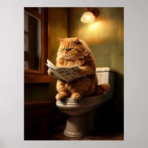 Funny Fat Cat Reading Newspaper on Toilet Poster