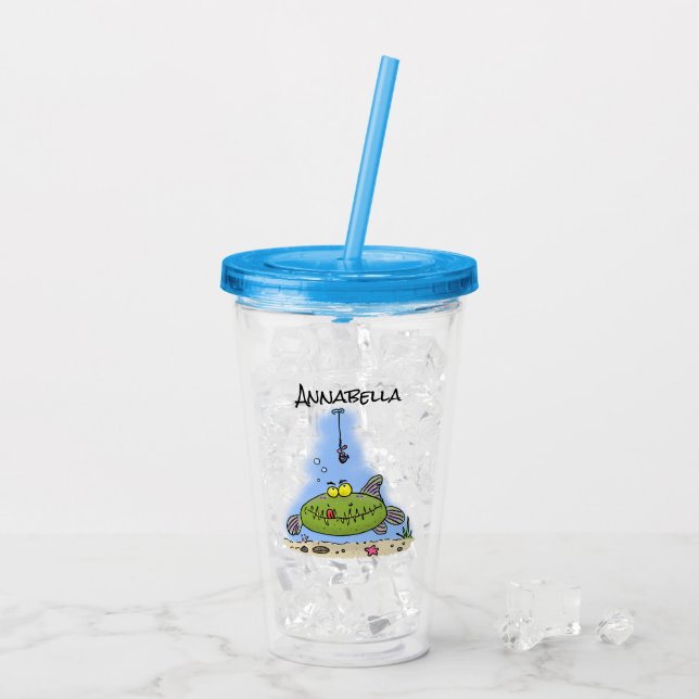 Funny fat hungry green fish fishing cartoon acrylic tumbler (Back Ice)