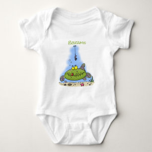 Funny fat hungry green fish fishing cartoon baby bodysuit
