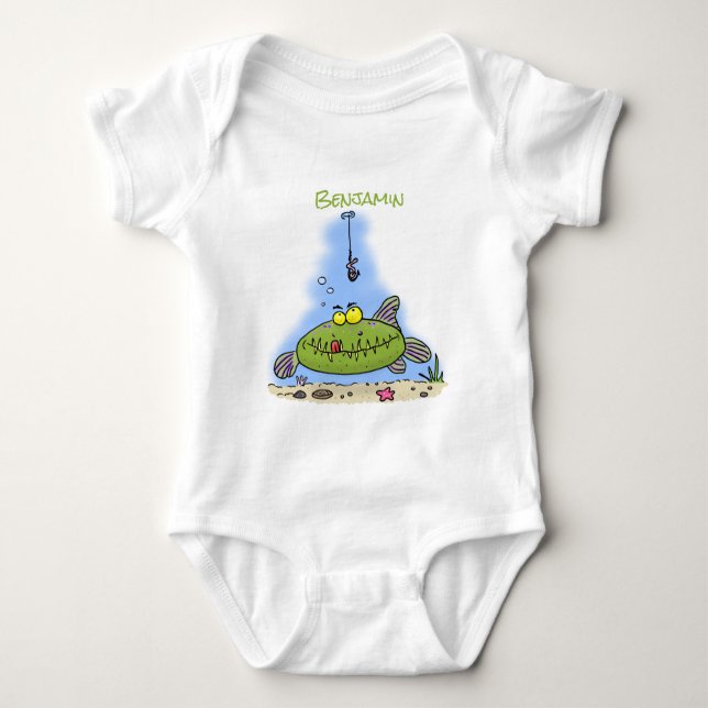 Funny fat hungry green fish fishing cartoon baby bodysuit (Front)