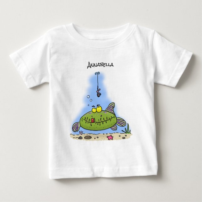 Funny fat hungry green fish fishing cartoon baby T-Shirt (Front)