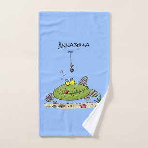 Funny fat hungry green fish fishing cartoon bath towel set