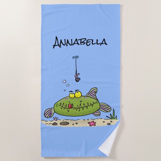 Funny fat hungry green fish fishing cartoon beach towel (Front)