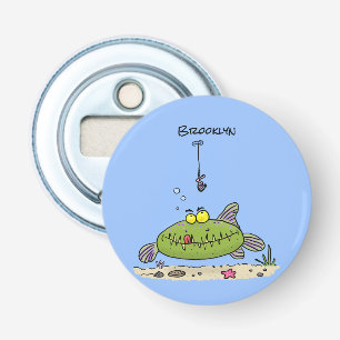 Funny fat hungry green fish fishing cartoon bottle opener