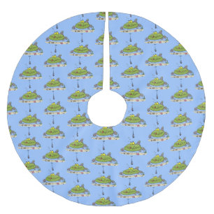 Funny fat hungry green fish fishing cartoon brushed polyester tree skirt