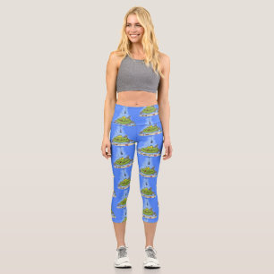 Funny fat hungry green fish fishing cartoon capri leggings