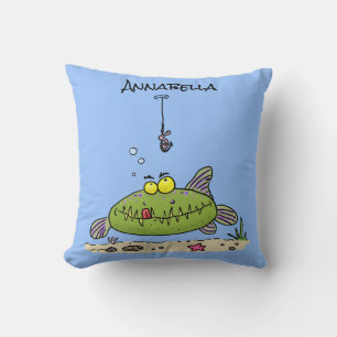 Funny fat hungry green fish fishing cartoon cushion