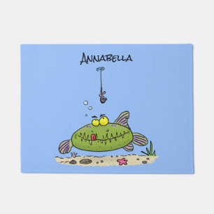 Funny fat hungry green fish fishing cartoon doormat