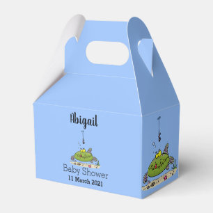 Funny fat hungry green fish fishing cartoon favour box