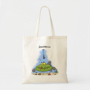 Funny fat hungry green fish fishing cartoon Funny Tote Bag