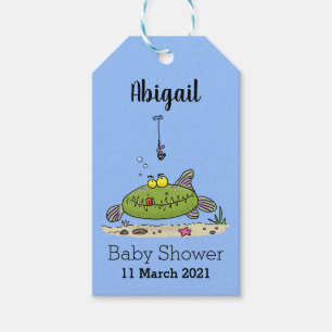 Funny fat hungry green fish fishing cartoon gift tags
