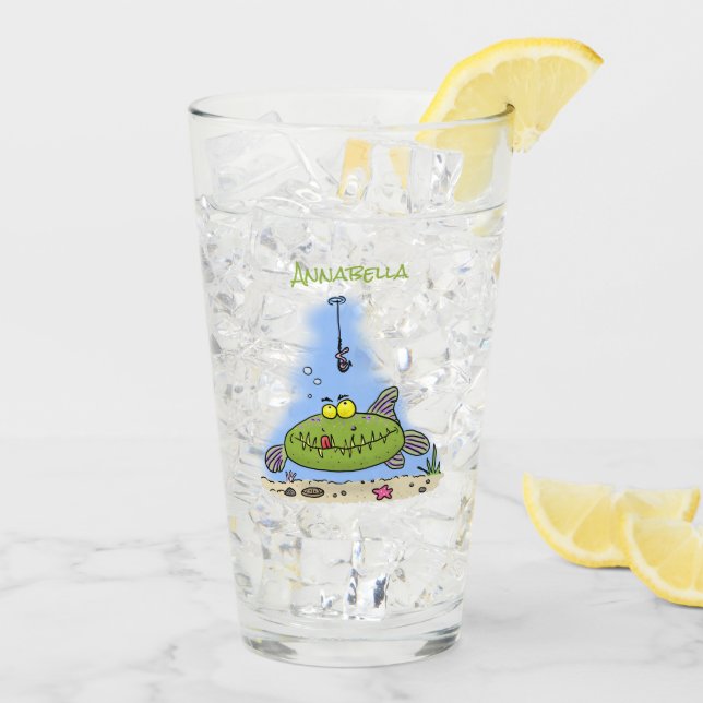 Funny fat hungry green fish fishing cartoon glass (Back Ice)