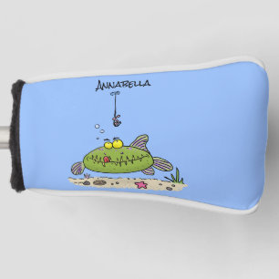 Funny fat hungry green fish fishing cartoon golf head cover