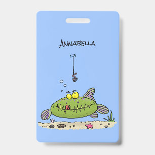 Funny fat hungry green fish fishing cartoon ID badge