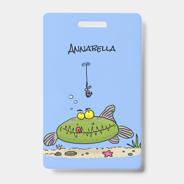 Funny fat hungry green fish fishing cartoon ID badge (Front)