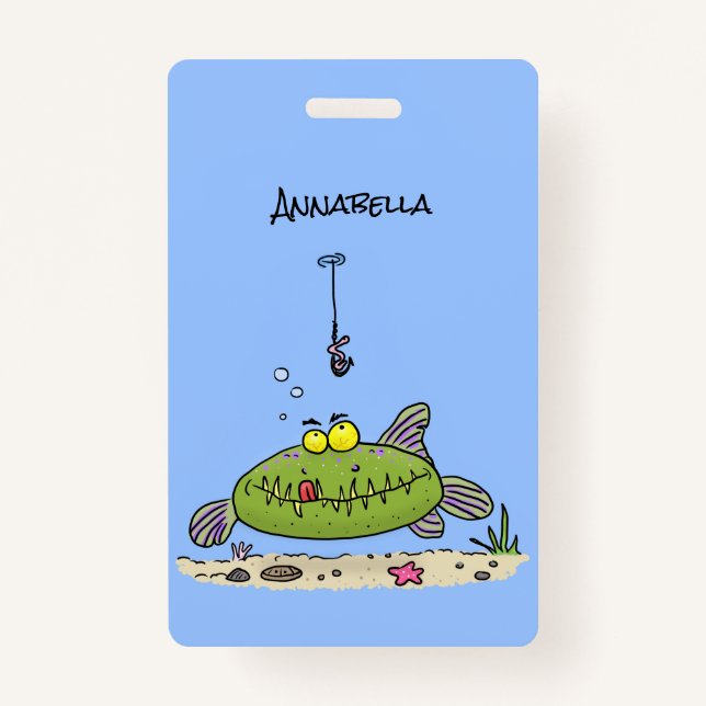 Funny fat hungry green fish fishing cartoon ID badge (Front)