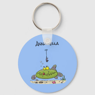 Funny fat hungry green fish fishing cartoon key ring