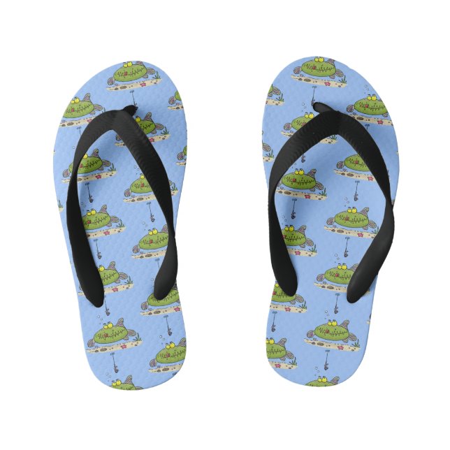 Funny fat hungry green fish fishing cartoon kid's jandals (Footbed)