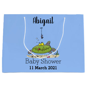 Funny fat hungry green fish fishing cartoon large gift bag