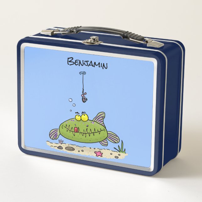 Funny fat hungry green fish fishing cartoon metal lunch box (Front)