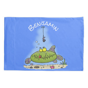 Funny fat hungry green fish fishing cartoon pillowcase