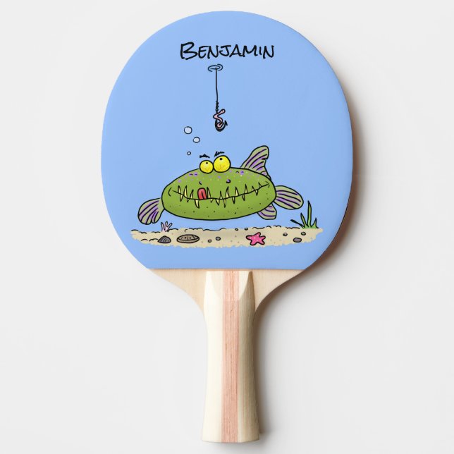 Funny fat hungry green fish fishing cartoon ping pong paddle (Front)
