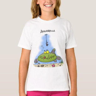 Funny fat hungry green fish fishing cartoon T-Shirt