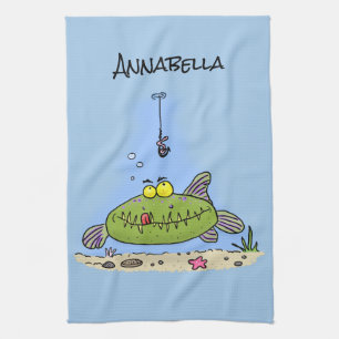 Funny fat hungry green fish fishing cartoon tea towel