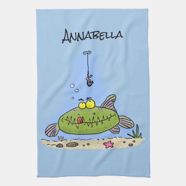 Funny fat hungry green fish fishing cartoon tea towel (Vertical)