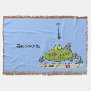 Funny fat hungry green fish fishing cartoon throw blanket