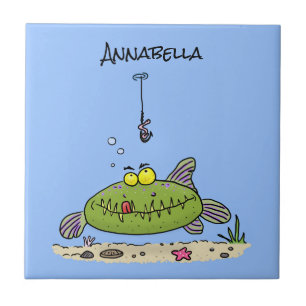 Funny fat hungry green fish fishing cartoon tile