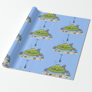 Funny fat hungry green fish fishing cartoon wrapping paper