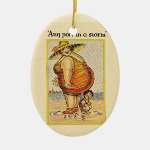 Funny Fat Lady on Beach Ceramic Tree Decoration